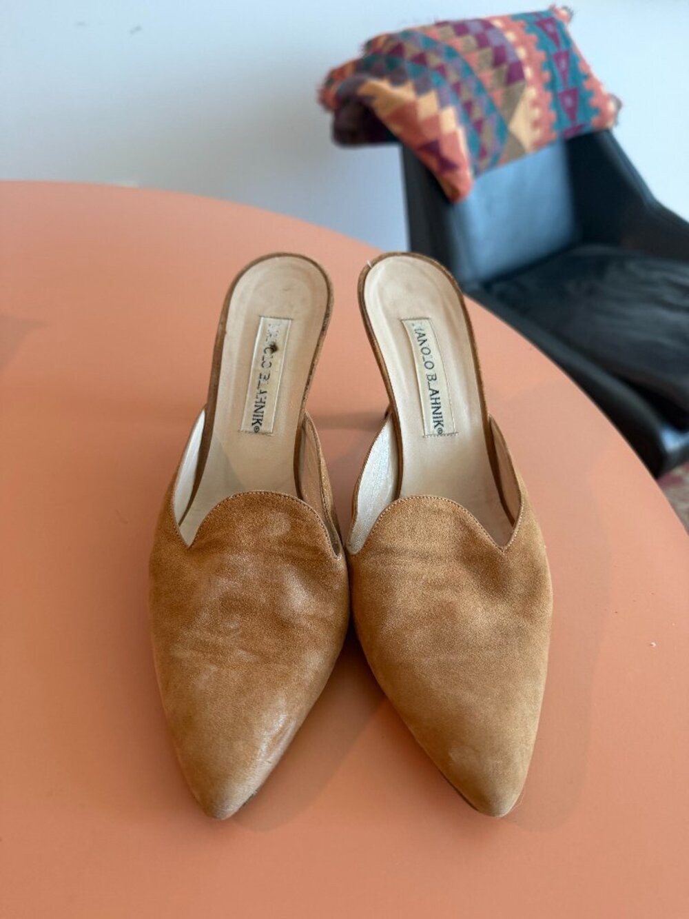 Manolo Blahnik Camel Suede Mules